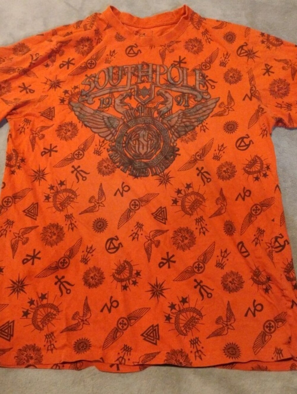 Southpole Vintage Y2K Orange All Over Print Graphic T-Shirt Cotton - L